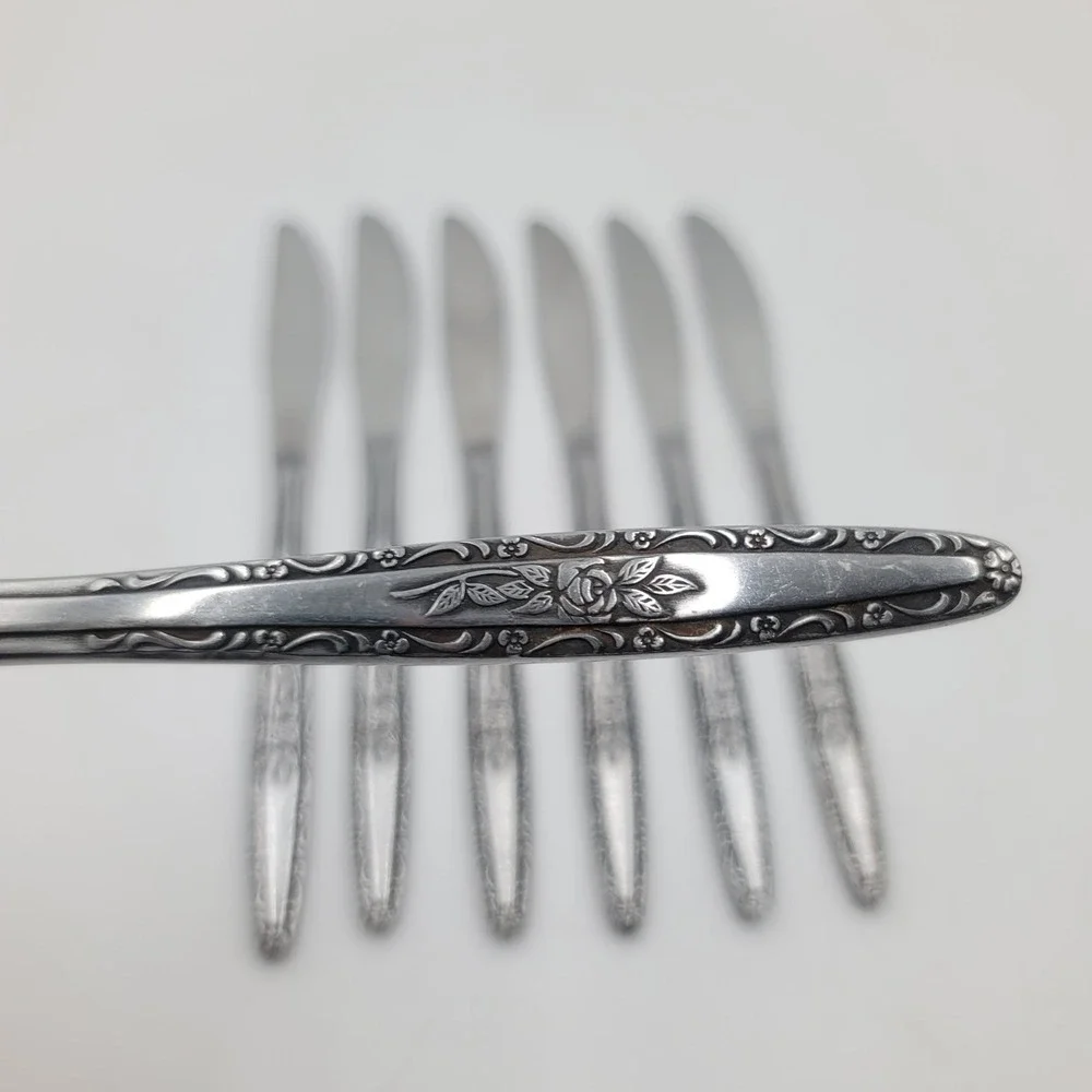 Vintage Rose Floral Stainless Steel Dinner Knives Set of 7 Korea SYF2 Style